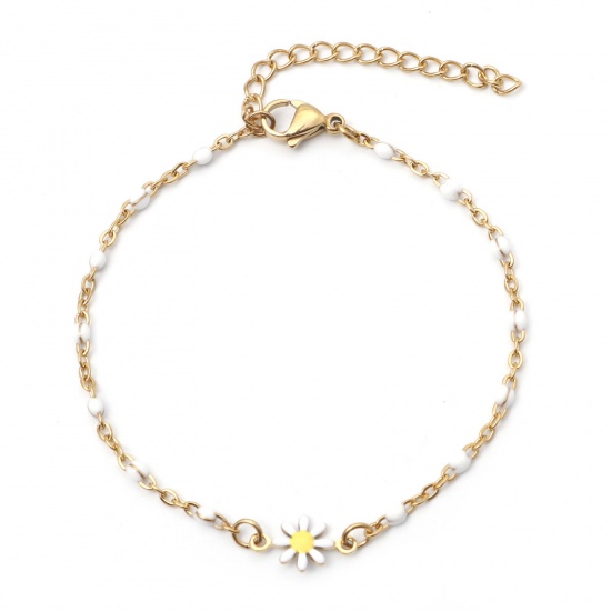 Picture of 304 Stainless Steel Link Cable Chain Bracelets Gold Plated White Daisy Flower Enamel 17.5cm(6 7/8") long, 1 Piece