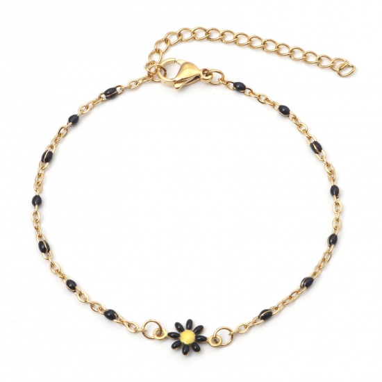 Picture of 304 Stainless Steel Link Cable Chain Bracelets Gold Plated Black Daisy Flower Enamel 17.5cm(6 7/8") long, 1 Piece