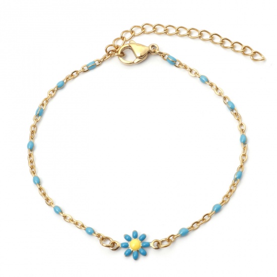 Picture of 304 Stainless Steel Link Cable Chain Bracelets Gold Plated Blue Daisy Flower Enamel 17.5cm(6 7/8") long, 1 Piece