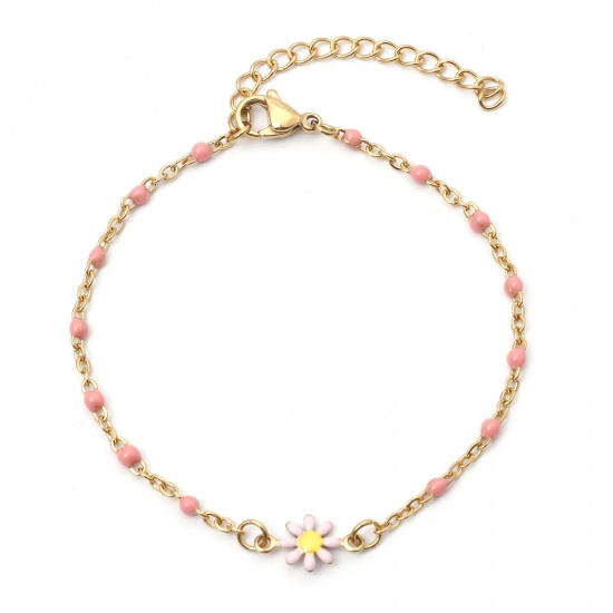 Picture of 304 Stainless Steel Link Cable Chain Bracelets Gold Plated Pink Daisy Flower Enamel 17.5cm(6 7/8") long, 1 Piece