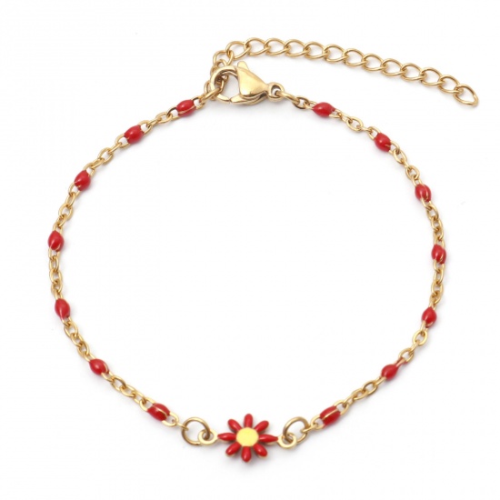 Picture of 304 Stainless Steel Link Cable Chain Bracelets Gold Plated Red Daisy Flower Enamel 17.5cm(6 7/8") long, 1 Piece