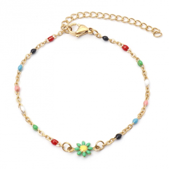 Picture of 304 Stainless Steel Link Cable Chain Bracelets Gold Plated Multicolor Daisy Flower Enamel 17.5cm(6 7/8") long, 1 Piece