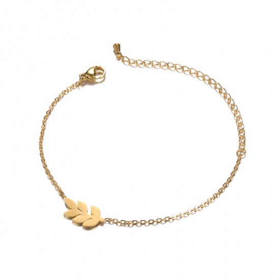 Picture of 304 Stainless Steel Stylish Rolo Chain Bracelets Gold Plated Leaf 14.5cm(5 6/8") long, 1 Piece