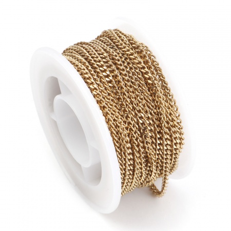 Picture of 1 Roll (Approx 5 M/Roll) (Approx 16.4 Foot) Vacuum Plating 304 Stainless Steel Curb Link Chain For Handmade DIY Jewelry Making Findings Gold Plated 3x2.2mm