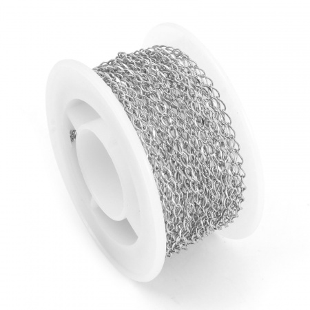 Picture of 1 Roll (Approx 5 M/Roll) (Approx 16.4 Foot) 304 Stainless Steel Curb Link Chain For Handmade DIY Jewelry Making Findings Silver Tone 4x2.2mm