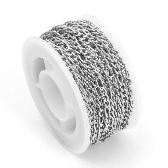 Picture of 304 Stainless Steel 3:1 Figaro 3:1 Figaro Link Chain Silver Tone 6.5x3mm 4.5x3mm, 1 Roll (Approx 5 M/Roll)