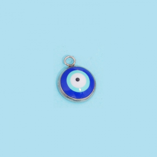 Picture of 304 Stainless Steel Charms Silver Tone Blue Round Evil Eye 10mm x 12mm, 10 PCs