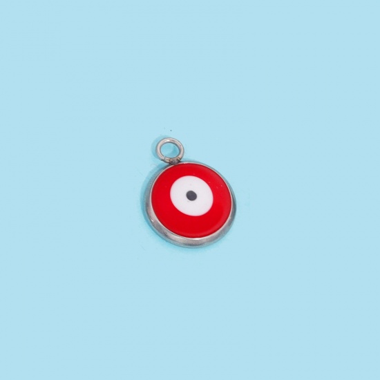 Picture of 304 Stainless Steel Charms Silver Tone Red Round Evil Eye 10mm x 12mm, 10 PCs