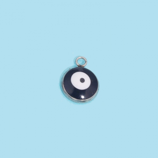 Picture of 304 Stainless Steel Charms Silver Tone Black Round Evil Eye 10mm x 12mm, 10 PCs