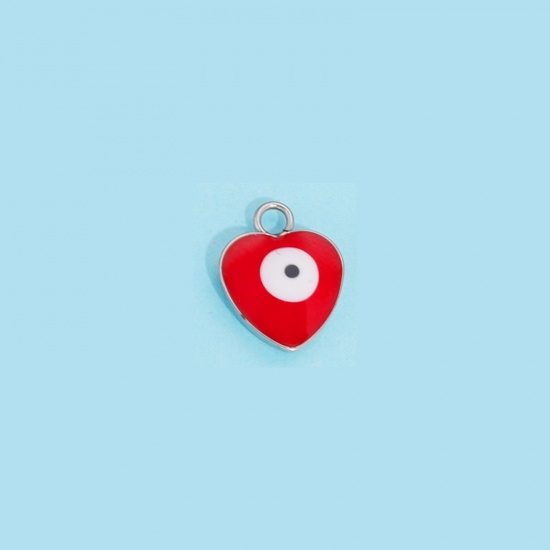 Picture of 304 Stainless Steel Charms Silver Tone Red Heart Evil Eye 9mm x 11mm, 10 PCs