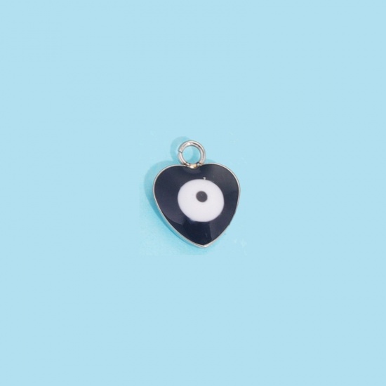 Picture of 304 Stainless Steel Charms Silver Tone Black Heart Evil Eye 9mm x 11mm, 10 PCs