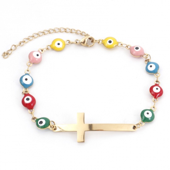 Picture of 1 Piece Vacuum Plating 304 Stainless Steel Religious Bracelets Gold Plated Cross Evil Eye Enamel 17.5cm(6 7/8") long