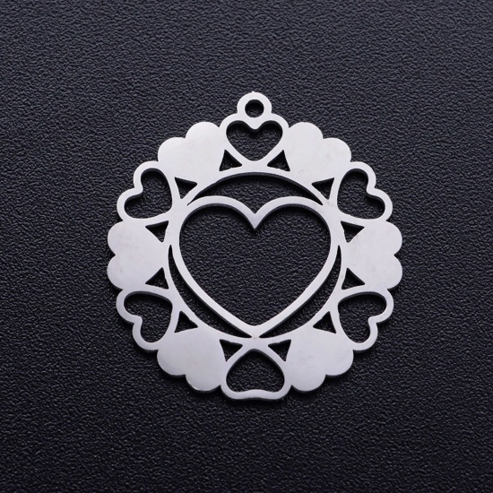 Picture of 201 Stainless Steel Charms Silver Tone Dream Catcher Heart Hollow 21.5mm x 20mm, 1 Piece