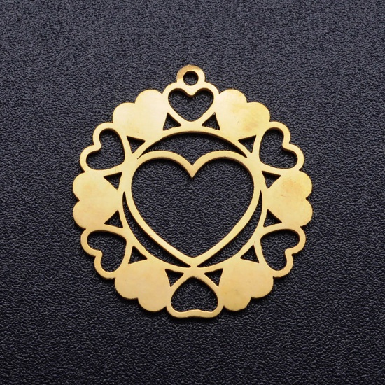Picture of 201 Stainless Steel Charms Gold Plated Dream Catcher Heart Hollow 21.5mm x 20mm, 1 Piece
