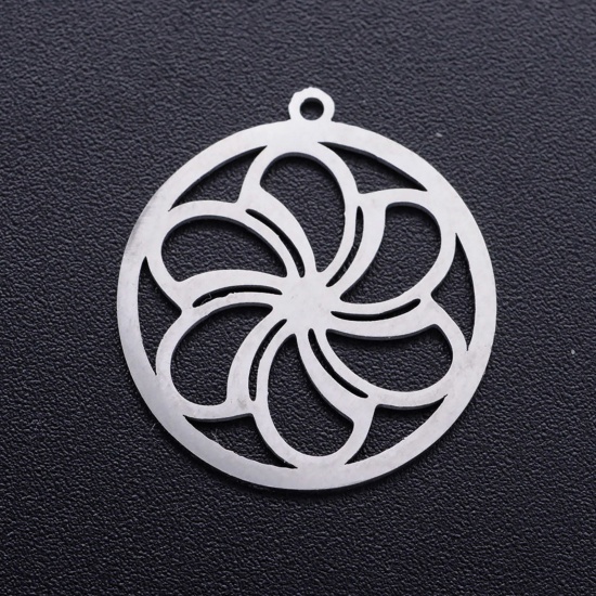 Picture of 201 Stainless Steel Charms Silver Tone Round Flower Hollow 21.5mm x 20mm, 1 Piece