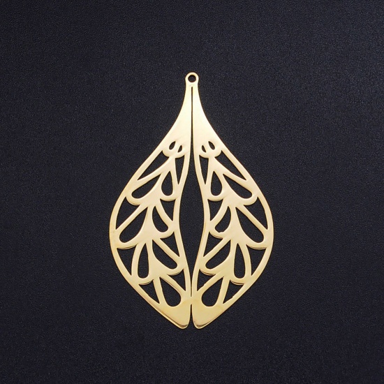 Picture of 201 Stainless Steel Pendants Gold Plated Drop Filigree Hollow 55mm x 35mm, 1 Piece