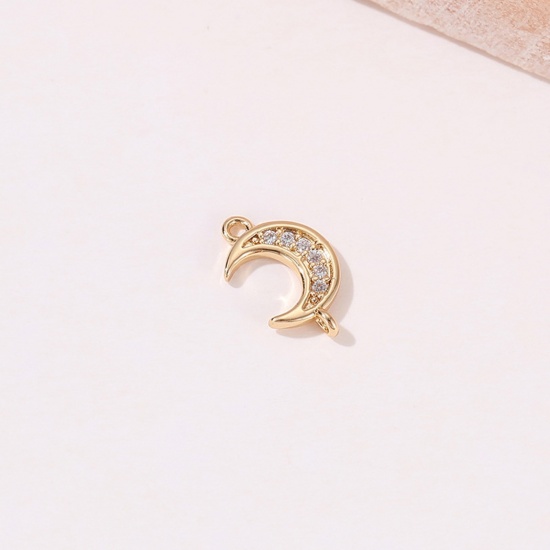 Immagine di Ottone Galassia Charms Luna Vero Oro Placcato Micro Spianare Trasparente Cubic Zirconiae 12.2mm x 7.7mm, 1 Pz