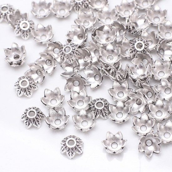 Picture of Zinc Based Alloy Beads Caps Flower Carved Pattern Antique Silver Color 8mm Dia, 100 PCs