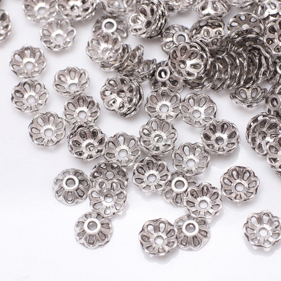 Picture of Zinc Based Alloy Beads Caps Flower Carved Pattern Antique Silver Color 8mm Dia, 100 PCs