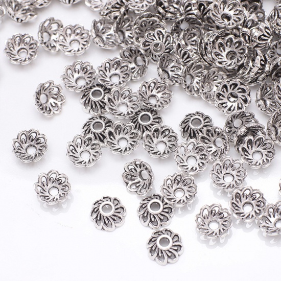Picture of Zinc Based Alloy Beads Caps Flower Carved Pattern Antique Silver Color 9mm Dia, 100 PCs