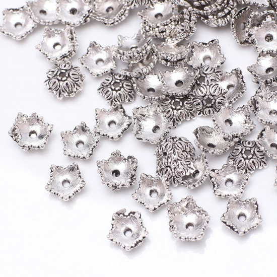 Picture of Zinc Based Alloy Beads Caps Flower Carved Pattern Antique Silver Color 10mm Dia, 100 PCs