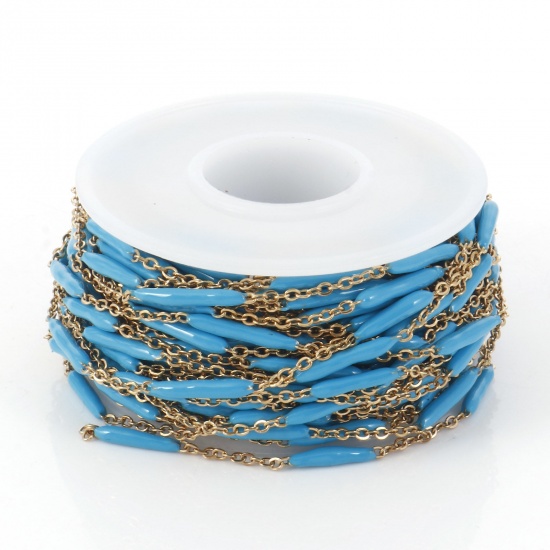 Picture of 304 Stainless Steel Link Cable Chain Sticks Gold Plated Blue Enamel 2.5mm, 1 Roll (Approx 5 M/Roll)