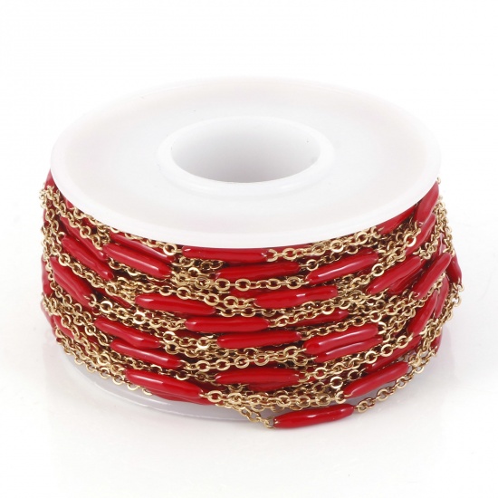Picture of 1 Roll (Approx 5 M/Roll) Vacuum Plating 304 Stainless Steel Enamel Link Cable Chain For Handmade DIY Jewelry Making Findings Sticks Gold Plated Red 2.5mm