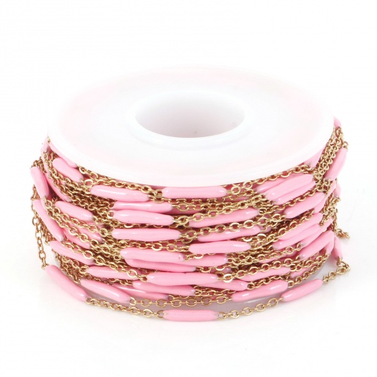 Picture of 304 Stainless Steel Link Cable Chain Sticks Gold Plated Pink Enamel 2.5mm, 1 Roll (Approx 5 M/Roll)