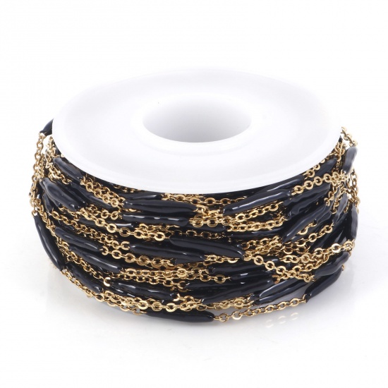 Picture of 1 Roll (Approx 5 M/Roll) Vacuum Plating 304 Stainless Steel Enamel Link Cable Chain For Handmade DIY Jewelry Making Findings Sticks Gold Plated Black 2.5mm
