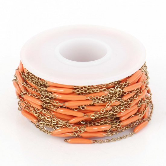 Picture of 1 Roll (Approx 5 M/Roll) Vacuum Plating 304 Stainless Steel Enamel Link Cable Chain For Handmade DIY Jewelry Making Findings Sticks Gold Plated Orange 2.5mm