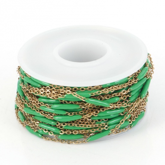 Picture of 304 Stainless Steel Link Cable Chain Sticks Gold Plated Green Enamel 2.5mm, 1 Roll (Approx 5 M/Roll)