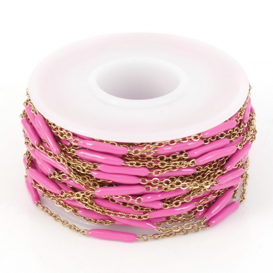 Picture of 304 Stainless Steel Link Cable Chain Sticks Gold Plated Fuchsia Enamel 2.5mm, 1 Roll (Approx 5 M/Roll)