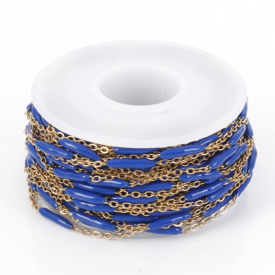 Picture of 304 Stainless Steel Link Cable Chain Sticks Gold Plated Dark Blue Enamel 2.5mm, 1 Roll (Approx 5 M/Roll)