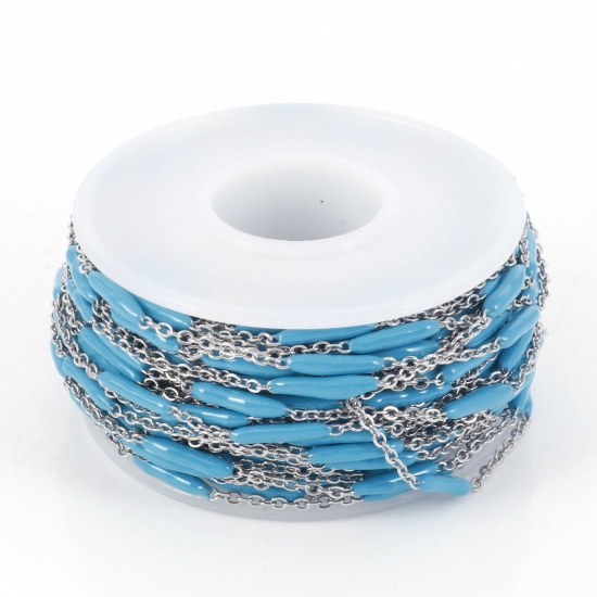 Picture of 304 Stainless Steel Link Cable Chain Sticks Silver Tone Blue Enamel 2.5mm, 1 Roll (Approx 5 M/Roll)