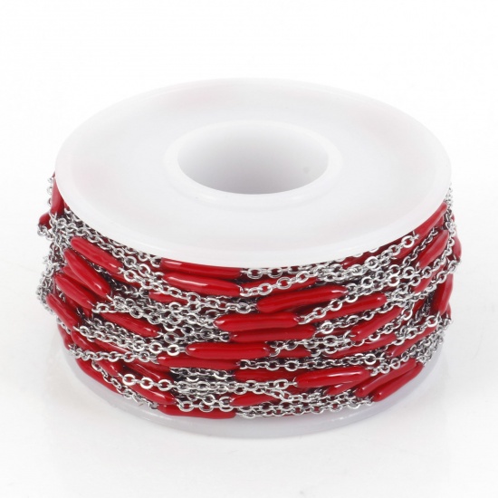 Picture of 304 Stainless Steel Link Cable Chain Sticks Silver Tone Red Enamel 2.5mm, 1 Roll (Approx 5 M/Roll)