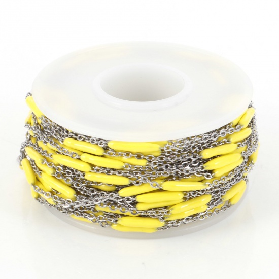 Picture of 304 Stainless Steel Link Cable Chain Sticks Silver Tone Yellow Enamel 2.5mm, 1 Roll (Approx 5 M/Roll)