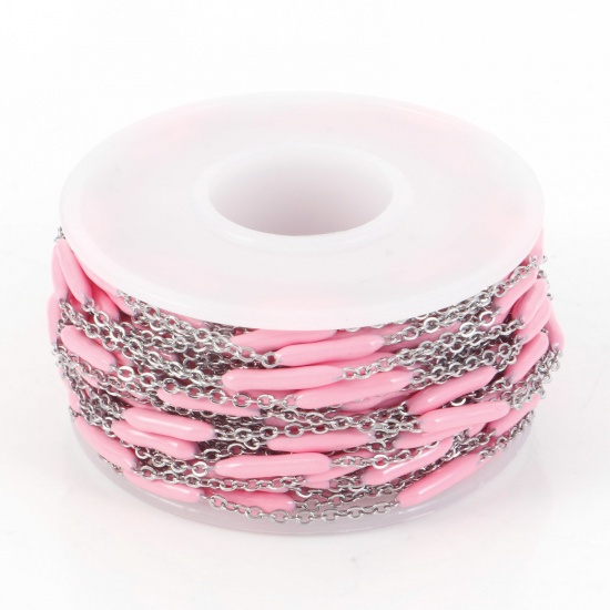 Picture of 304 Stainless Steel Link Cable Chain Sticks Silver Tone Pink Enamel 2.5mm, 1 Roll (Approx 5 M/Roll)