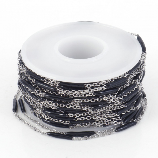 Picture of 304 Stainless Steel Link Cable Chain Sticks Silver Tone Black Enamel 2.5mm, 1 Roll (Approx 5 M/Roll)