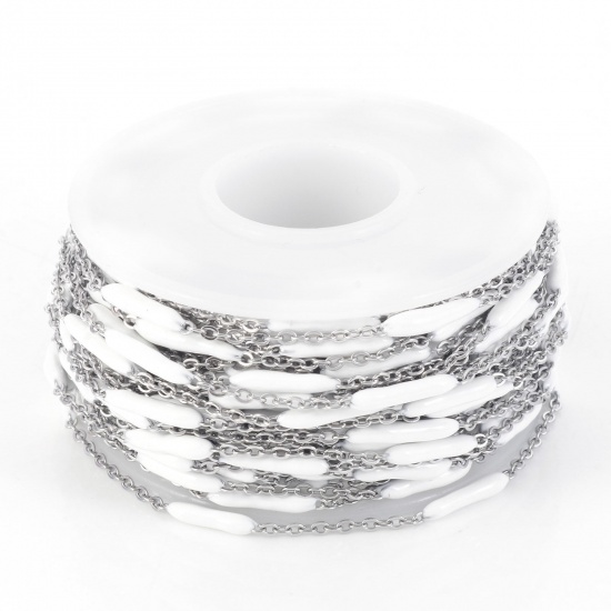 Picture of 304 Stainless Steel Link Cable Chain Sticks Silver Tone White Enamel 2.5mm, 1 Roll (Approx 5 M/Roll)