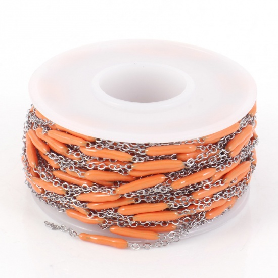 Picture of 304 Stainless Steel Link Cable Chain Sticks Silver Tone Orange Enamel 2.5mm, 1 Roll (Approx 5 M/Roll)
