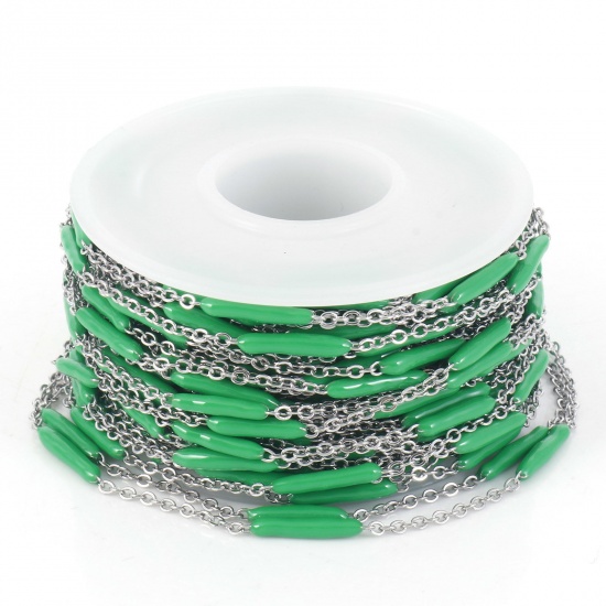 Picture of 304 Stainless Steel Link Cable Chain Sticks Silver Tone Green Enamel 2.5mm, 1 Roll (Approx 5 M/Roll)