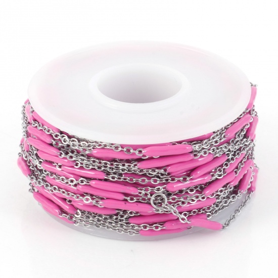 Picture of 304 Stainless Steel Link Cable Chain Sticks Silver Tone Fuchsia Enamel 2.5mm, 1 Roll (Approx 5 M/Roll)
