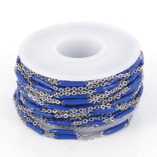 Picture of 304 Stainless Steel Link Cable Chain Sticks Silver Tone Dark Blue Enamel 2.5mm, 1 Roll (Approx 5 M/Roll)