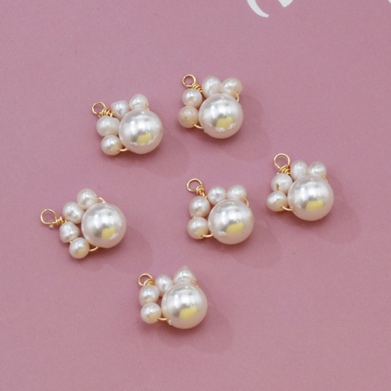 Picture of Natural Pearl & Copper Pet Memorial Charms Dog Paw Claw Gold Plated White Wrapped 15mm x 13mm, 2 PCs