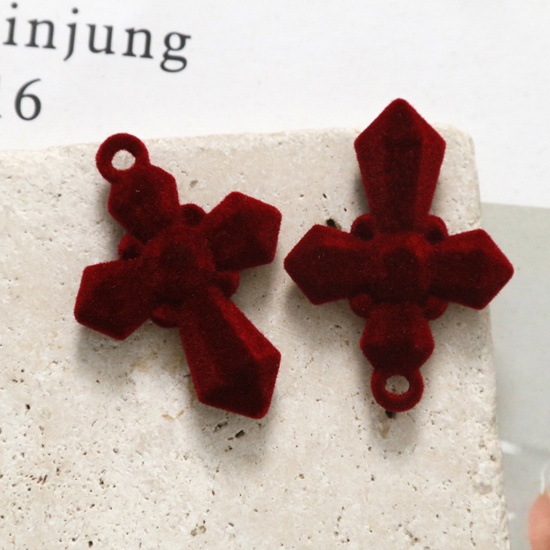 Picture of Resin Religious Pendants Cross Wine Red Flocking 4.5cm x 3.3cm, 10 PCs