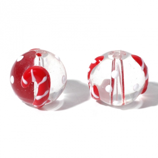Picture of Lampwork Glass Beads Round Red Christmas Candy Cane Enamel About 14mm Dia, Hole: Approx 1.5mm, 5 PCs