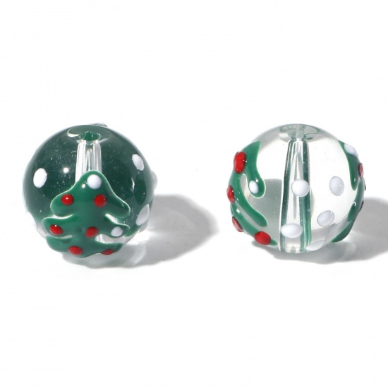 Picture of Lampwork Glass Beads Round Green Christmas Tree Enamel About 14mm Dia, Hole: Approx 1.5mm, 5 PCs