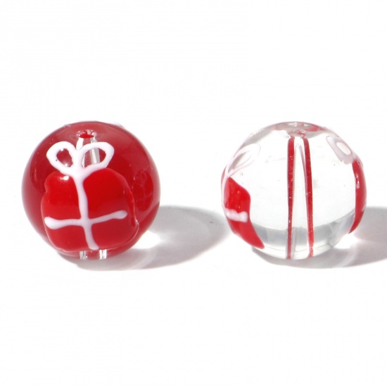 Picture of Lampwork Glass Beads Round Red Christmas Gift Box Enamel About 14mm Dia, Hole: Approx 1.5mm, 5 PCs