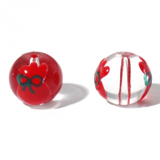Picture of Lampwork Glass Beads Round Red Christmas Gift Box Enamel About 14mm Dia, Hole: Approx 1.5mm, 5 PCs