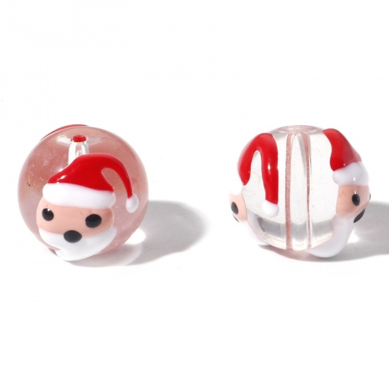 Picture of Lampwork Glass Beads Round Multicolor Christmas Santa Claus Enamel About 14mm Dia, Hole: Approx 1.5mm, 5 PCs
